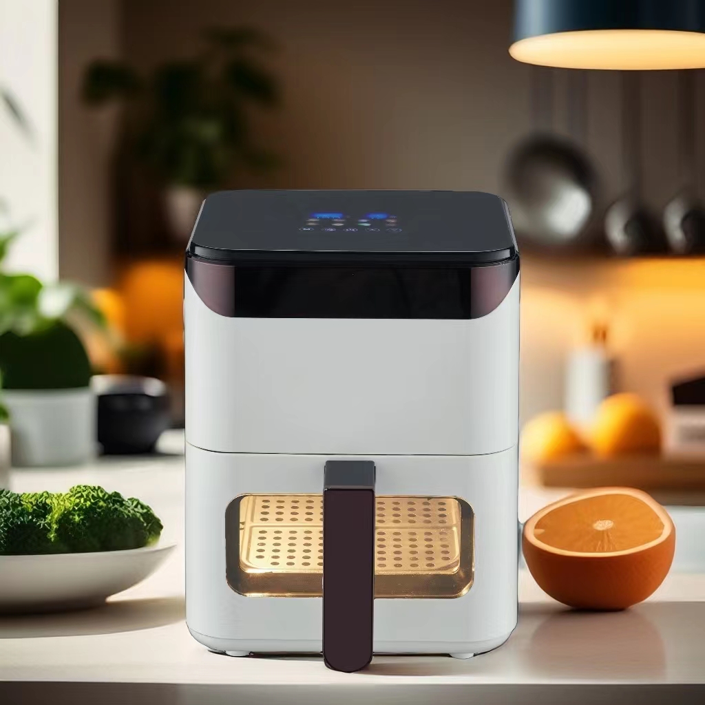 Freidora de aire multifunción con mango vertical de 3,8 L y tamaño cuadrado, visible al tacto, con pantalla LCD superior