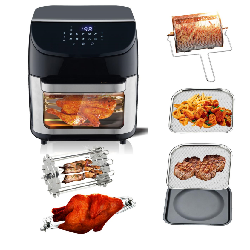 Horno de aire multifunción de gran capacidad, cuadrado, de 12 L y con mango grande, con pantalla táctil LCD inclinada, visible al tacto