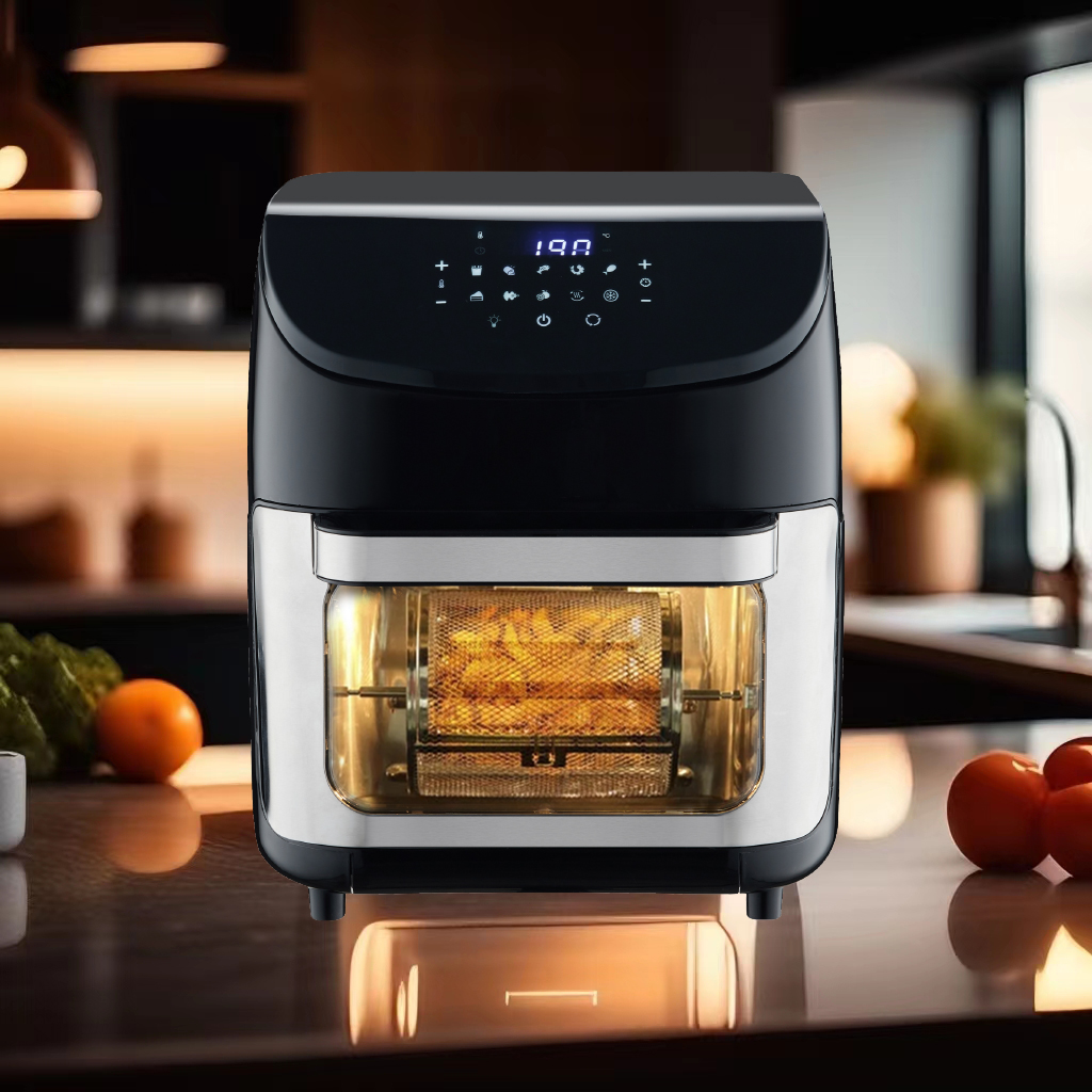 Horno de aire multifunción de gran capacidad, cuadrado, de 12 L y con mango grande, con pantalla táctil LCD inclinada, visible al tacto